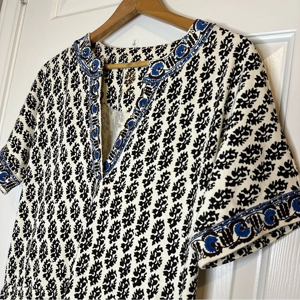 Tory Burch 100% Pima Cotton Ivory Guru Border Blue Amara Dress XS Coastal Brunch